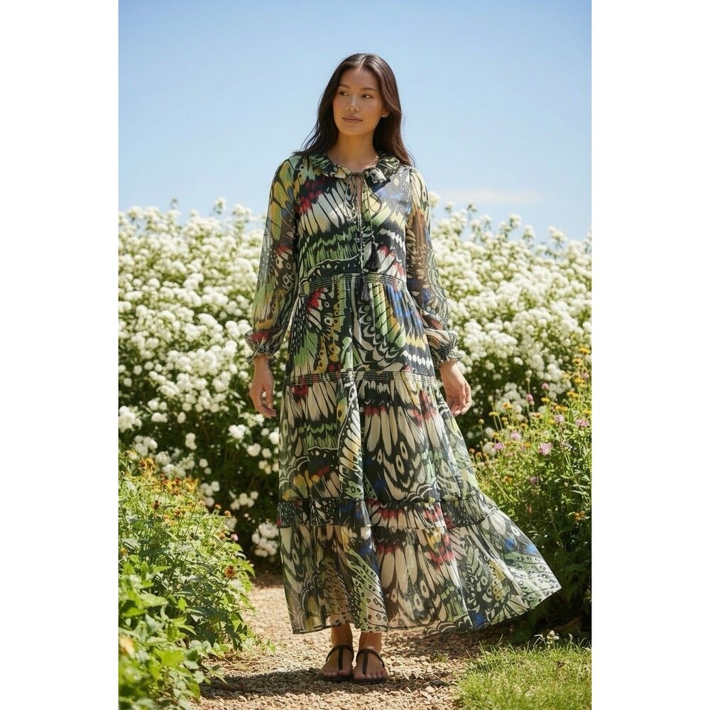 Ador NWT womens tassle boho peacock design lightweight maxi dress sheer Small